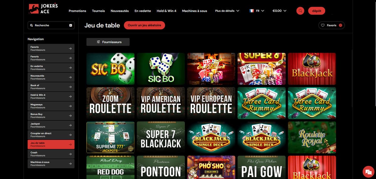 Jeux de table Jokers Ace Casino