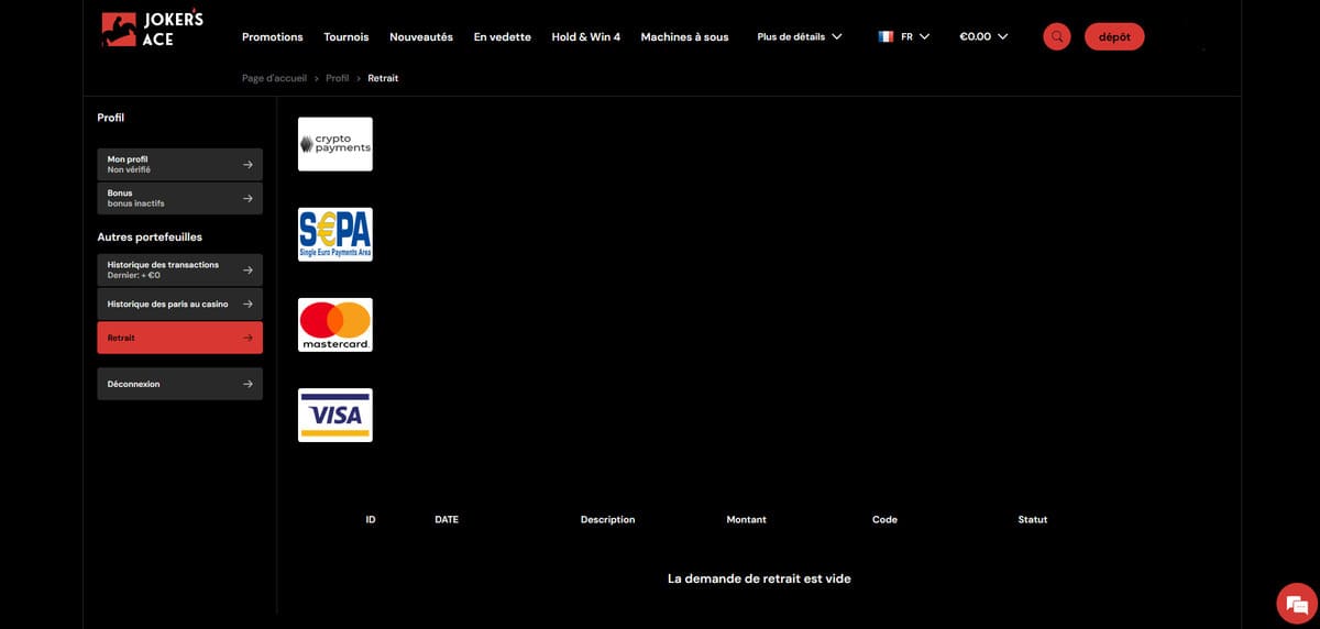 Retraits Jokers Ace Casino