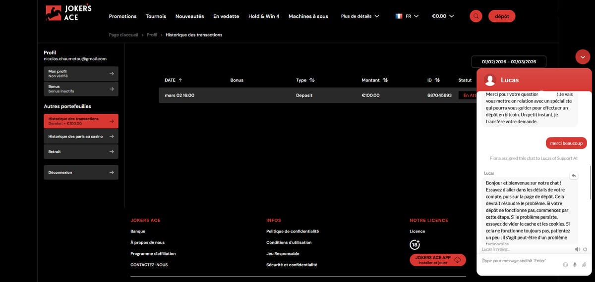 Support client Jokers Ace Casino