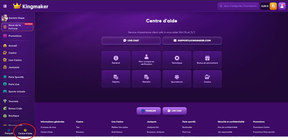 Centre aide Kingmaker casino