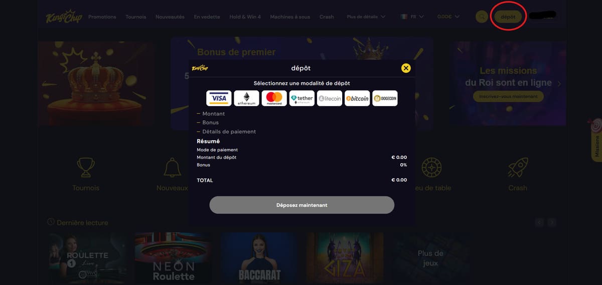 Dépôt Kings Chip Casino