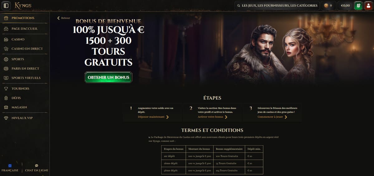 Bonus de bienvenue Kyngs Casino