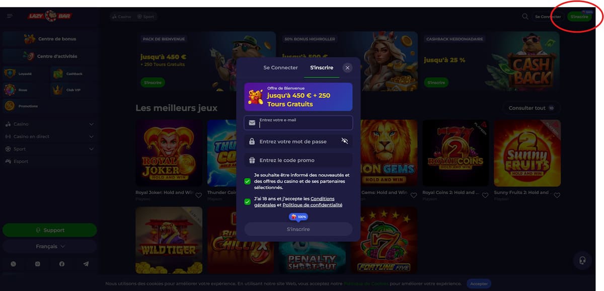 Inscription LazyBar Casino