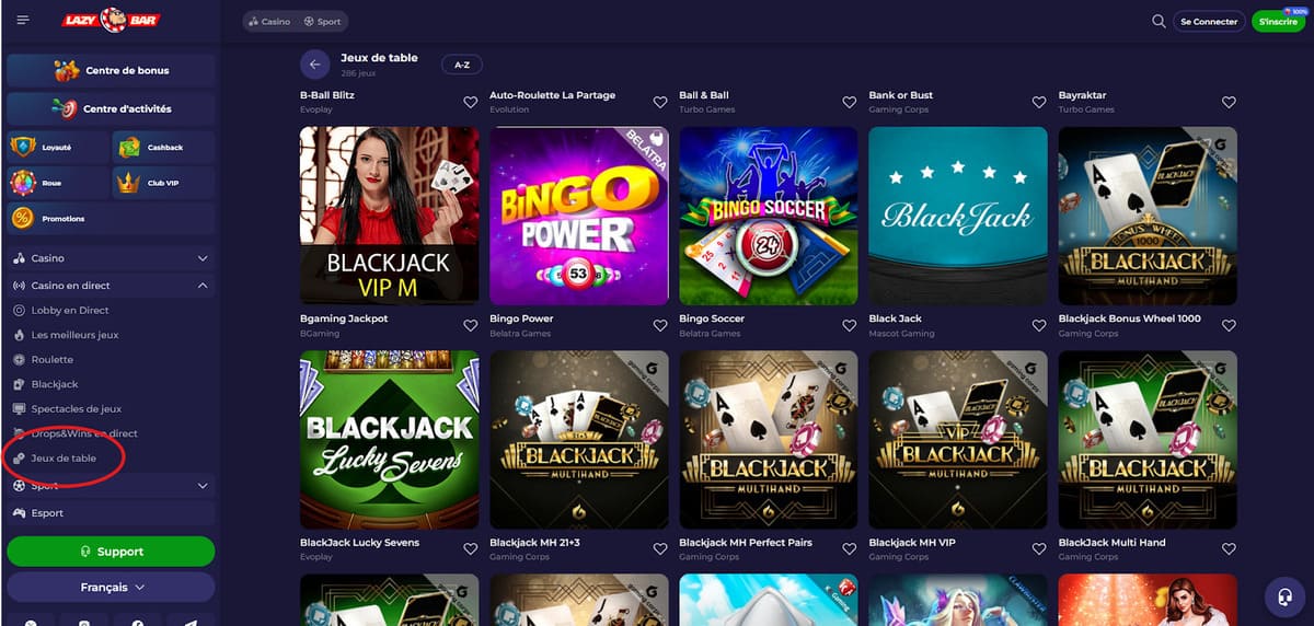 Jeux de table  LazyBar Casino