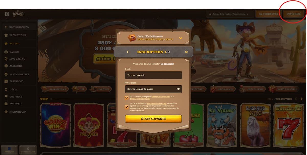 Inscription Lizaro Casino