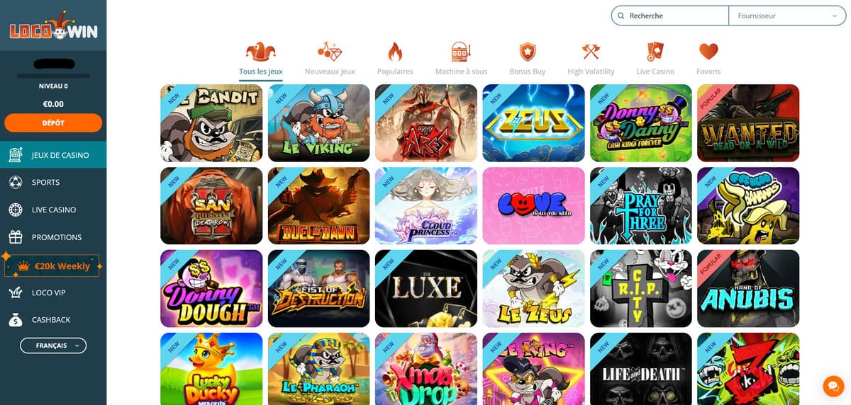 Screenshot des Spielesortiments von Locowin Casino mit Slots und Live Casino