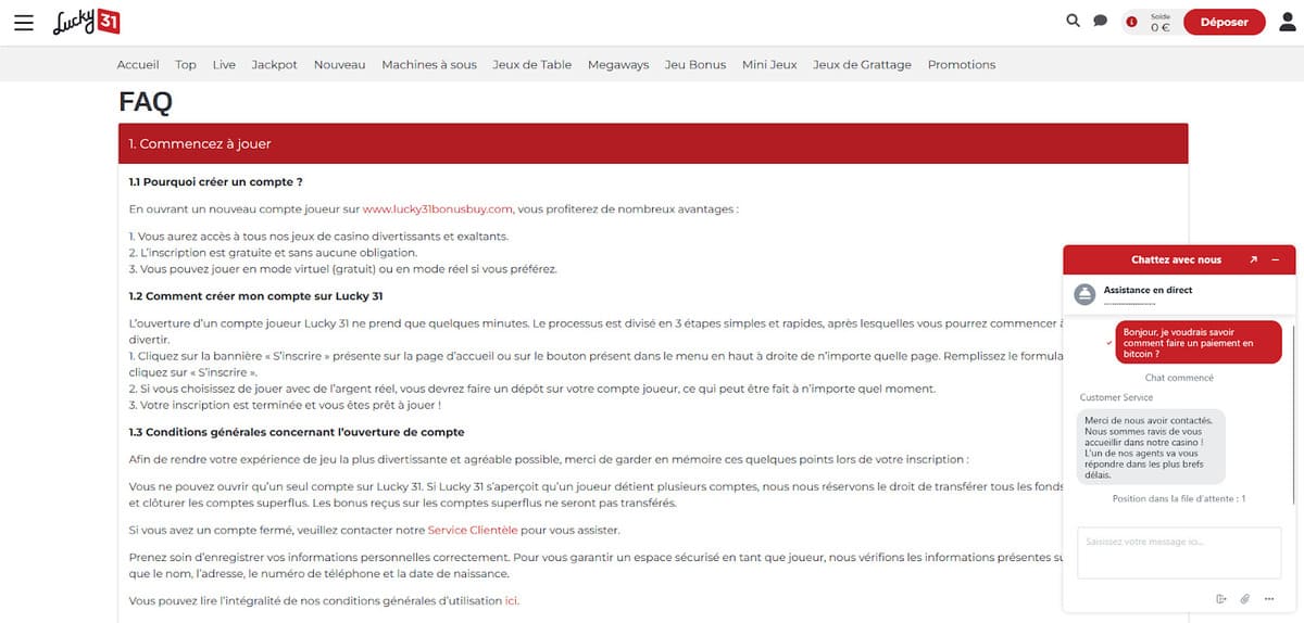 FAQ Lucky 31 Casino