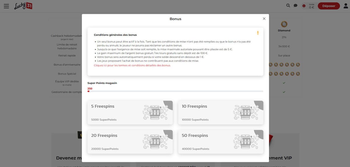 Super points magasin Lucky 31 Casino