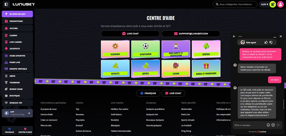 Centre d'aide Lunubet Casino