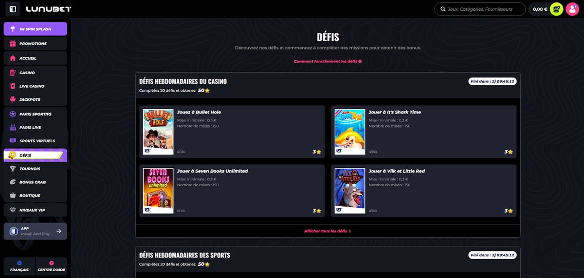 Défis Lunubet Casino