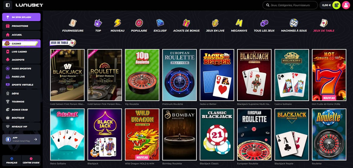 Jeux de table Lunubet Casino