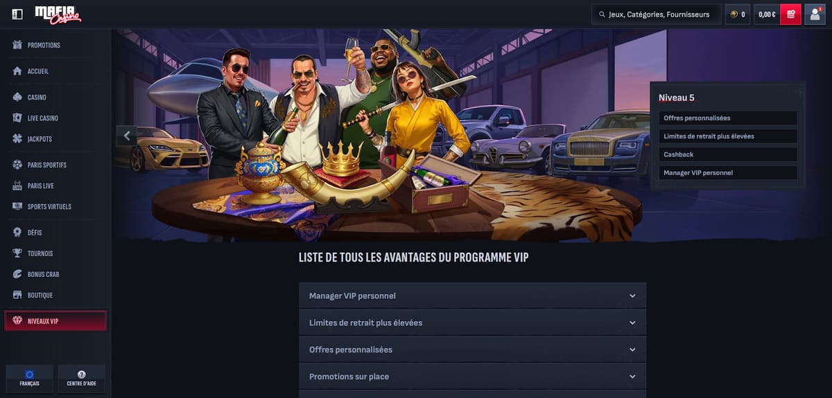 Niveaux VIP Mafia Casino