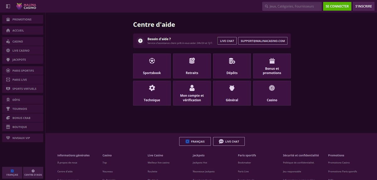 Centre d'aide Malina Casino