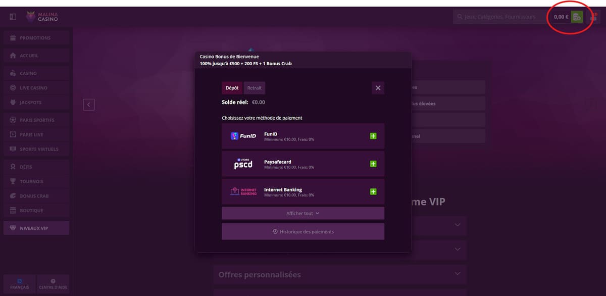 Dépôt Malina Casino