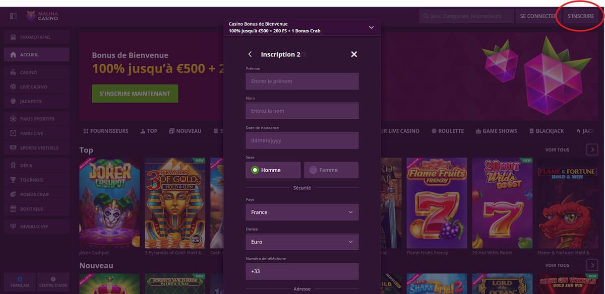 Inscription Malina Casino