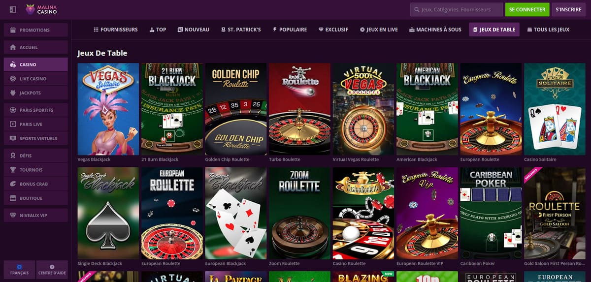 Jeux de table Malina Casino