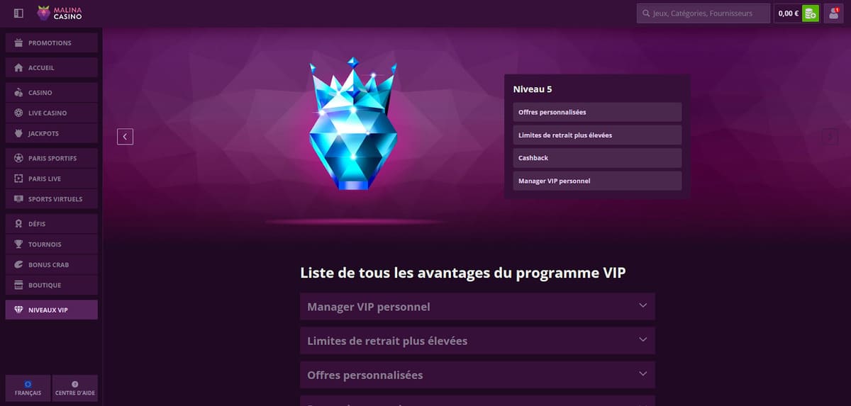 Niveaux VIP Malina Casino