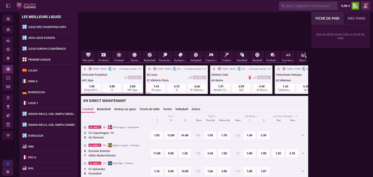 Paris sportifs Malina Casino