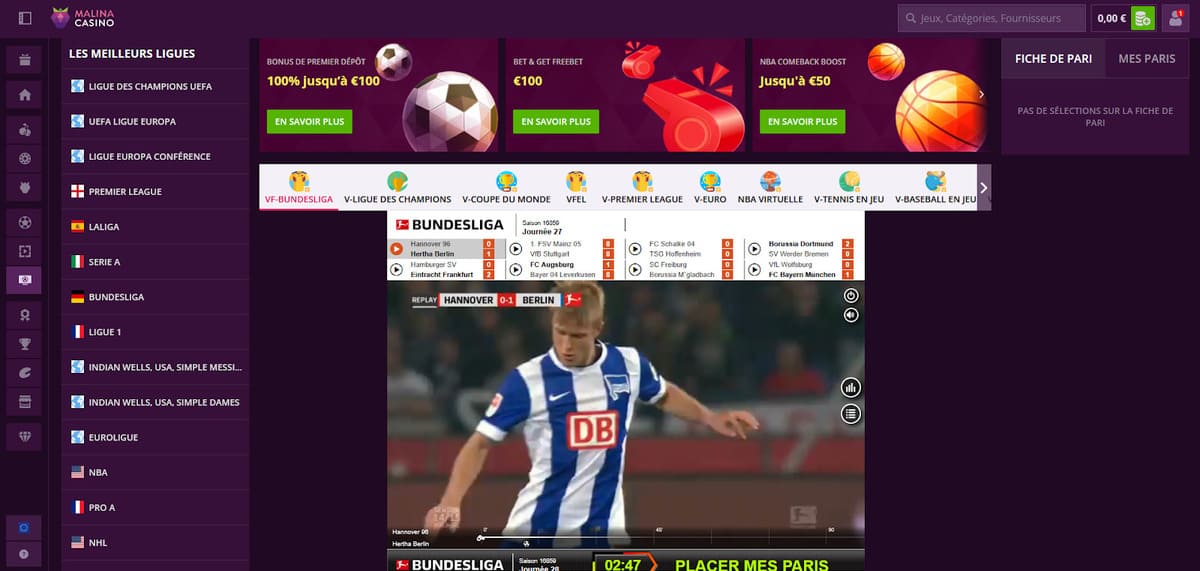 Sports virtuels Malina Casino