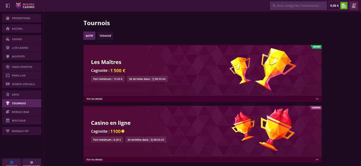 Tournois Malina Casino