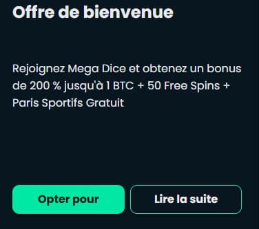 bonus bienvenue Mega Dice Casino