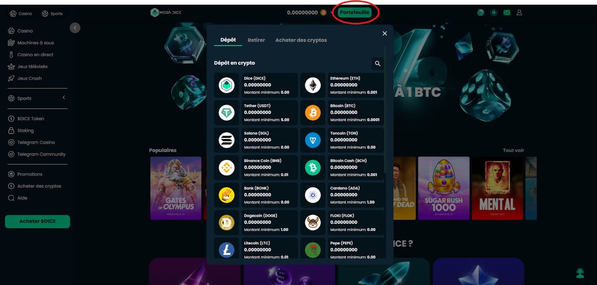 dépôt Mega Dice Casino