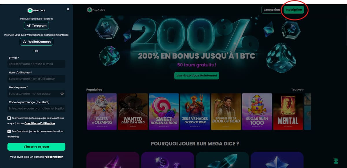 inscription Mega Dice Casino