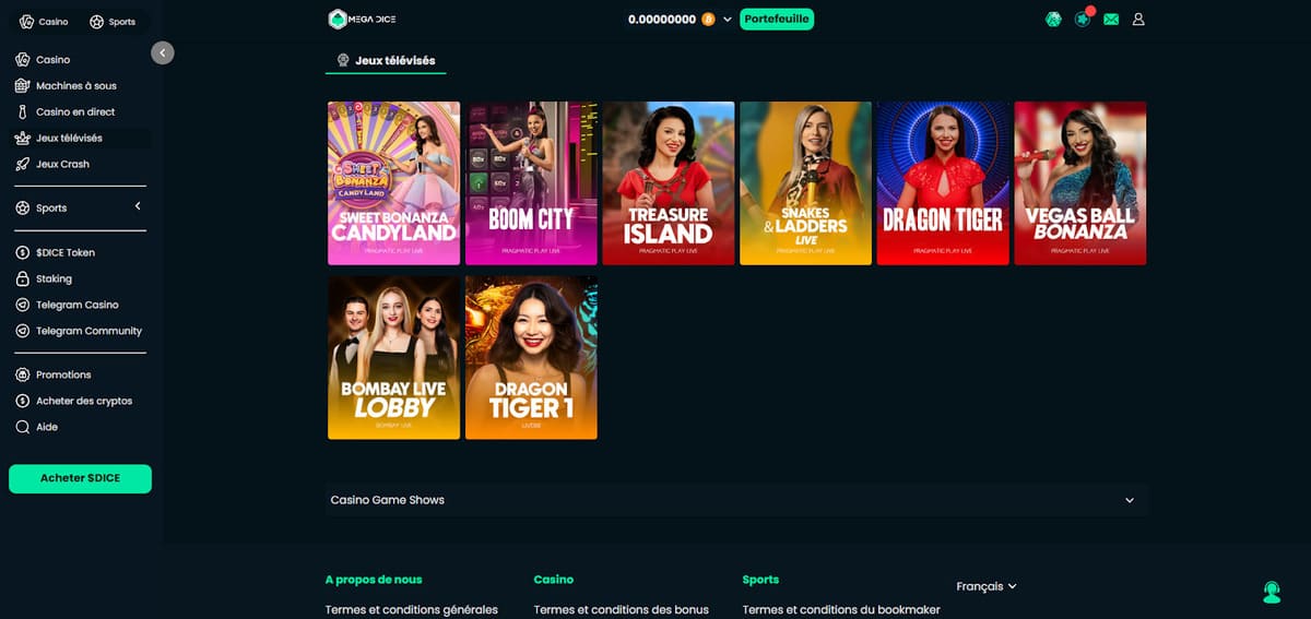 jeux télévisés Mega Dice Casino