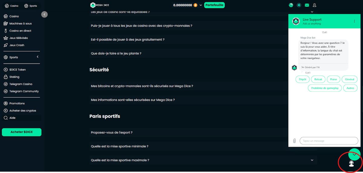 live support Mega Dice Casino