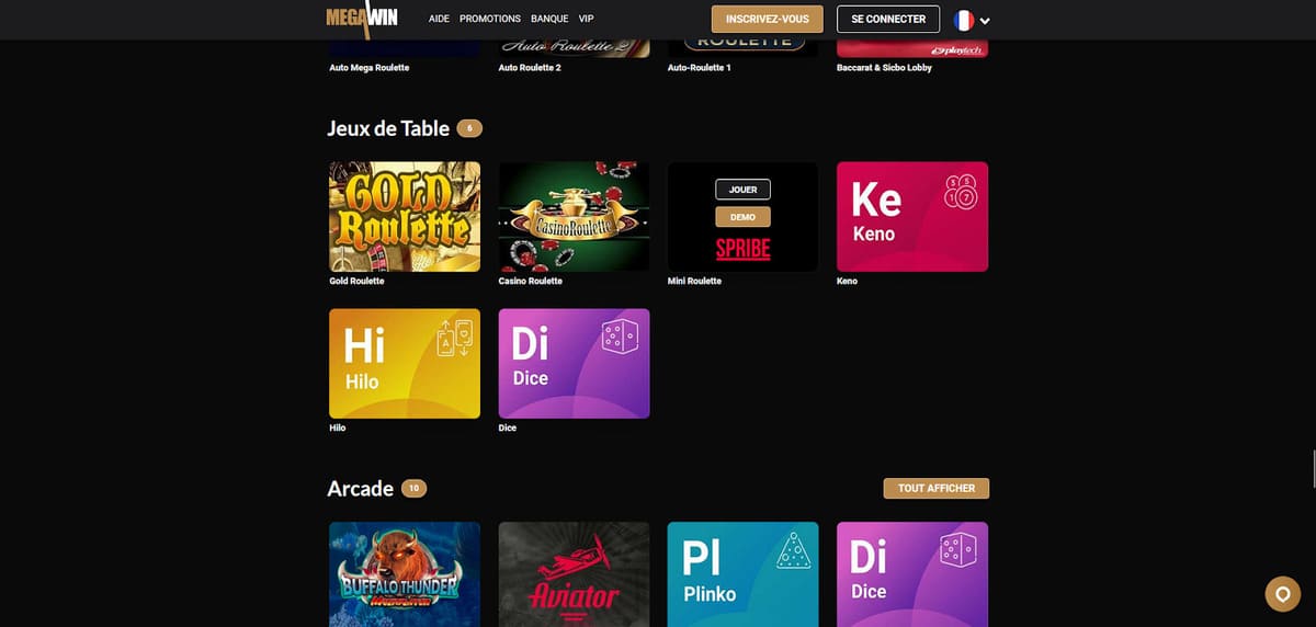 Jeux de table Mega Win Casino
