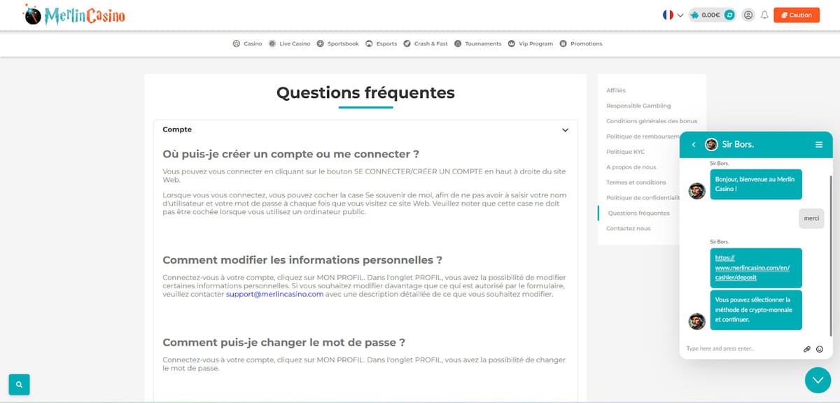 Service client Merlin Casino