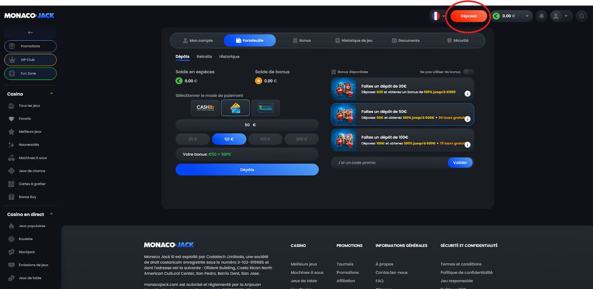 Dépôt Monaco Jack Casino
