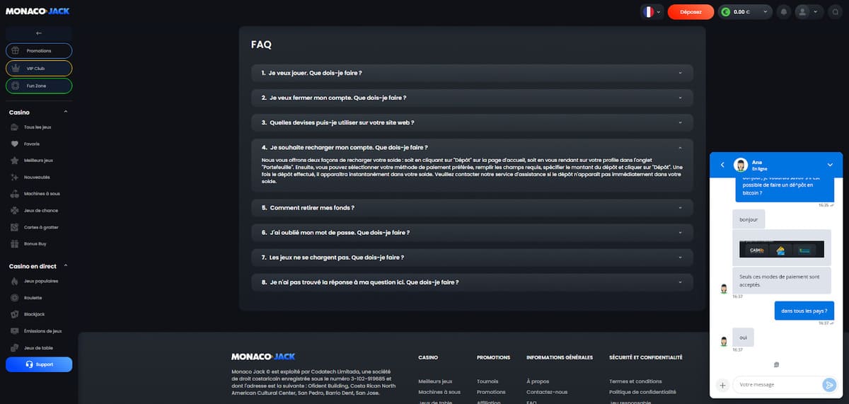 FAQ Monaco Jack Casino