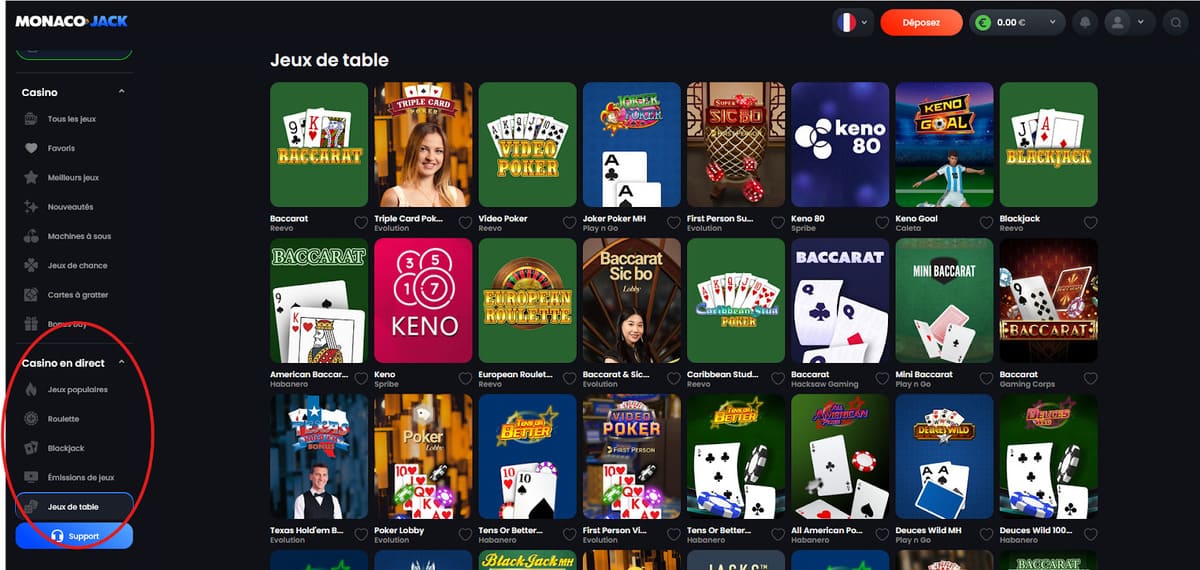Jeux de table Monaco Jack Casino