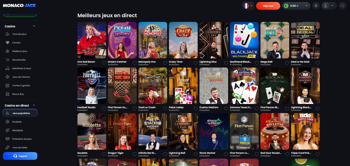 Jeux en direct Monaco Jack Casino