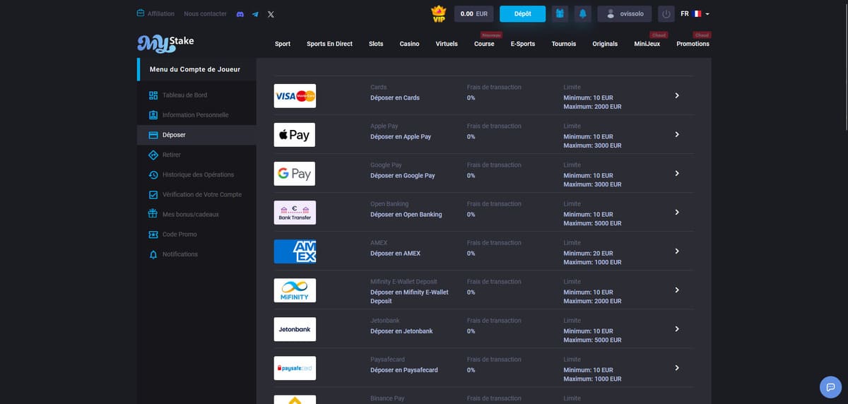 Dépôt MyStake Casino