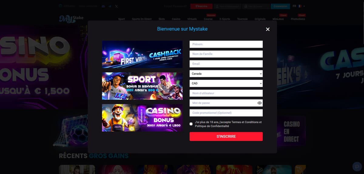 Inscription MyStake Casino