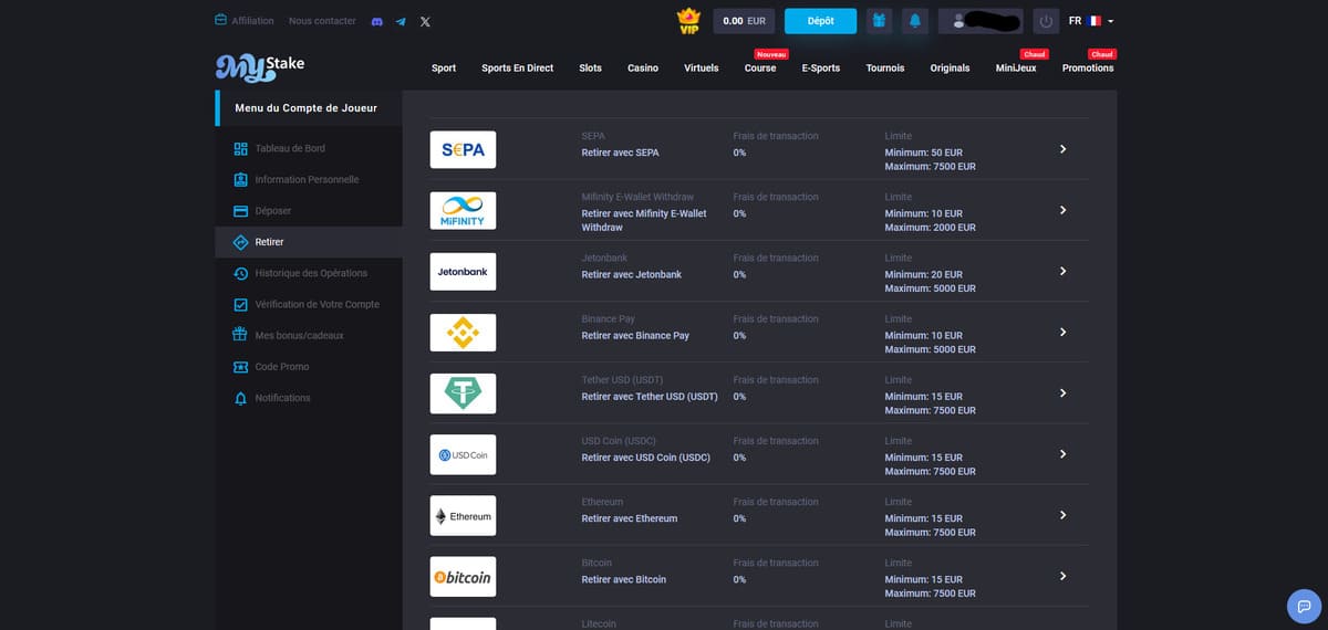 Retrait MyStake Casino