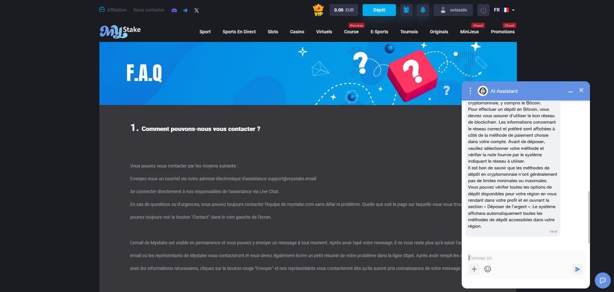 Service client MyStake Casino