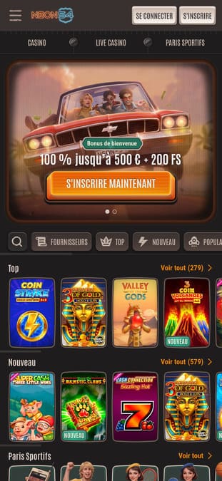 Το κύριο μενού και διεπαφή της εφαρμογής Casino neon54 σε κινητό