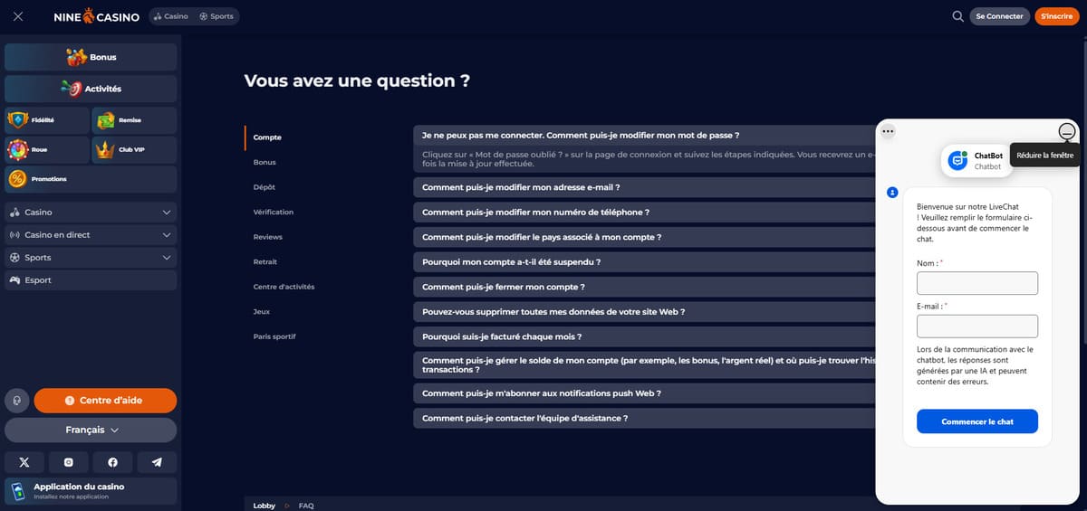 Service client Nine Casino