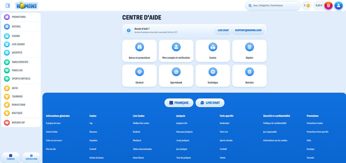 Centre d'aide Nomini Casino
