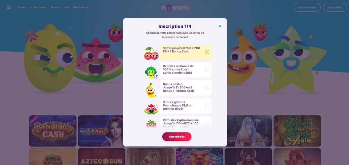 Choix du bonus de bienvenue Nomini Casino