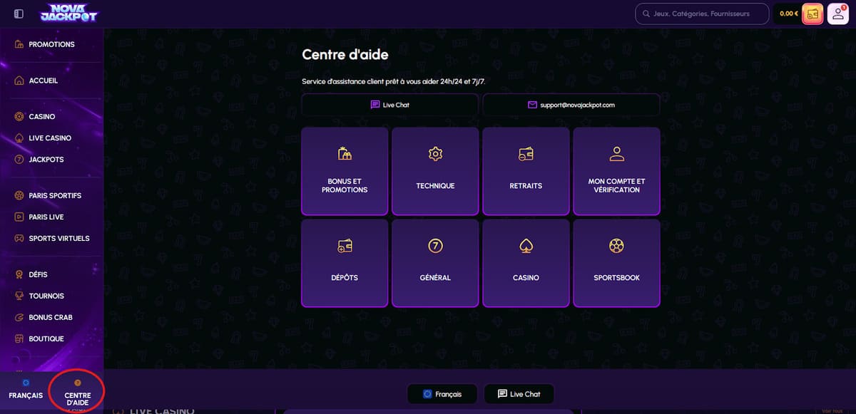 Centre d'aide NovaJackpot Casino