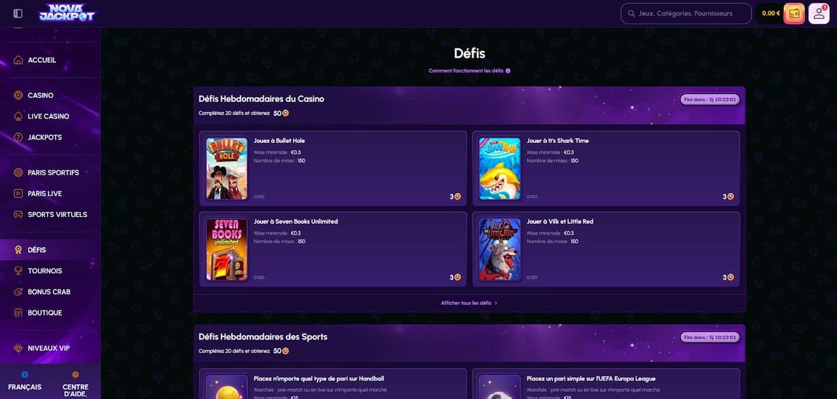 Défis NovaJackpot Casino