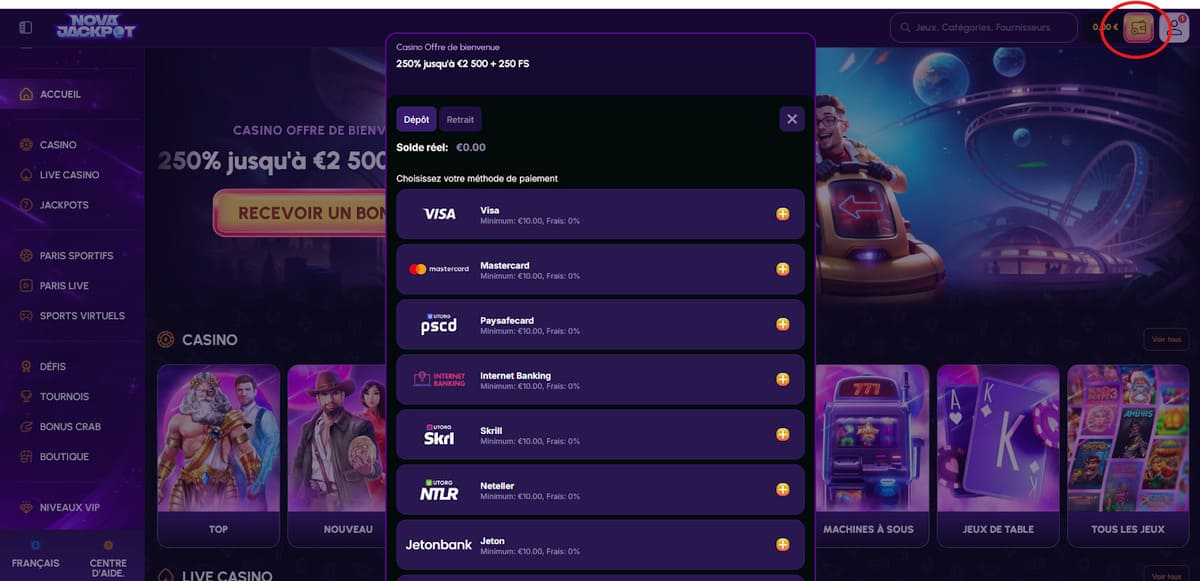 Dépôt NovaJackpot Casino