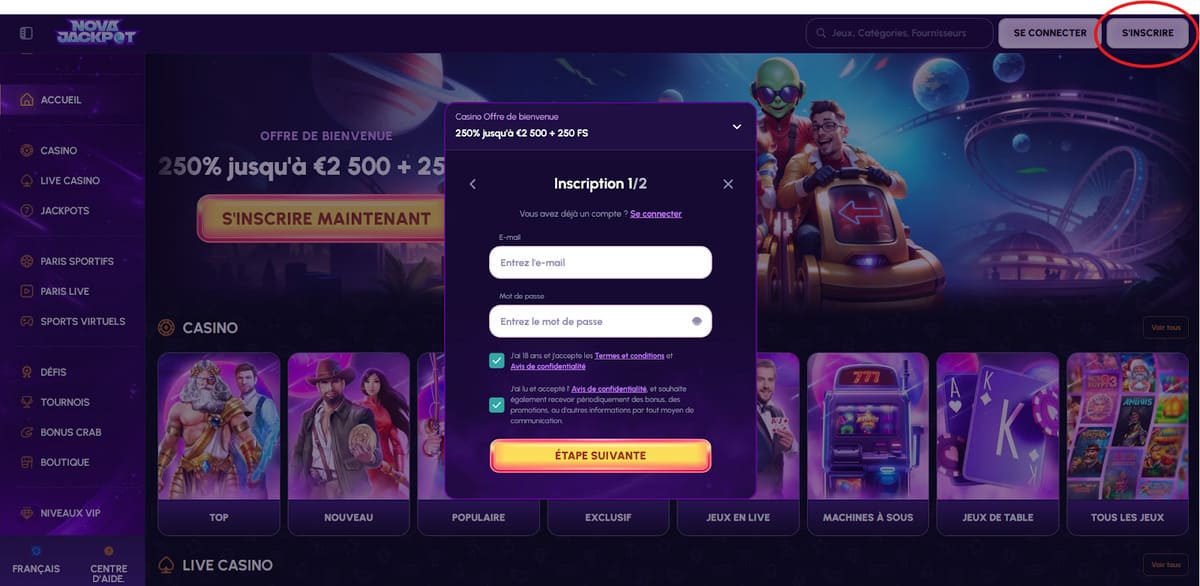 Inscription NovaJackpot Casino