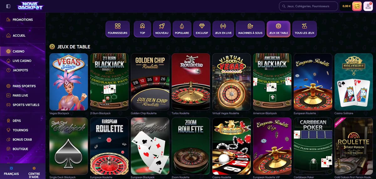 Jeux de table NovaJackpot Casino