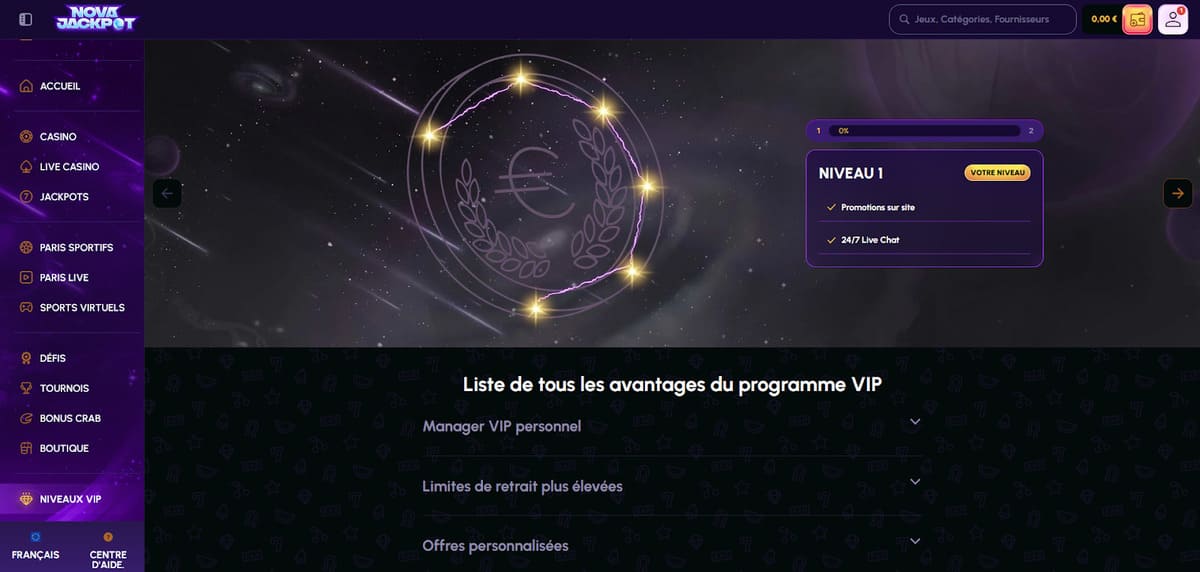 Niveaux VIP NovaJackpot Casino