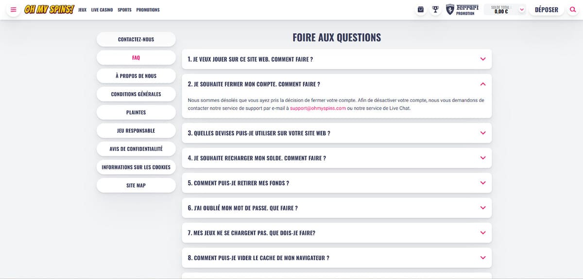 FAQ OhMySpins Casino